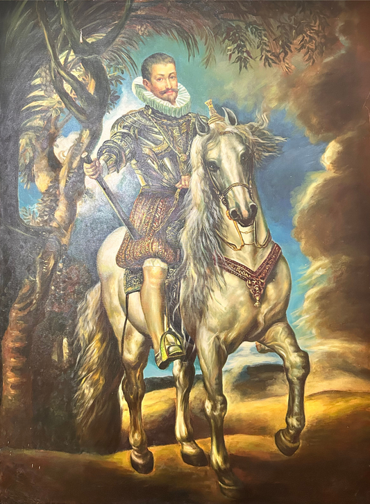 Large Vintage Oil Painting – Equestrian Nobleman After El Greco – Hand Painted Canvas