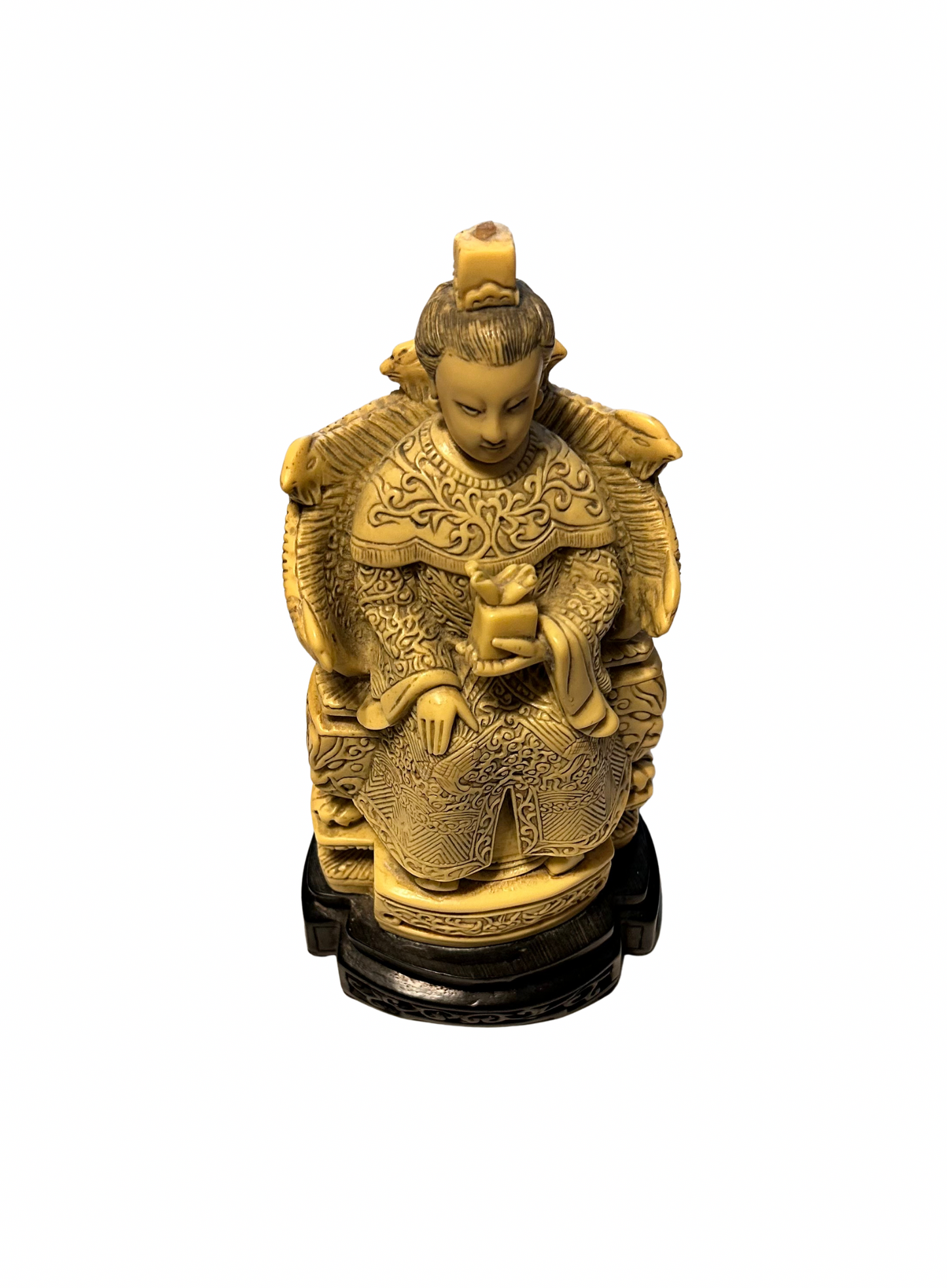 Vintage Chinese Faux Ivory Resin Emperor/Empress Figurine – Hand Carved Look – With Stand