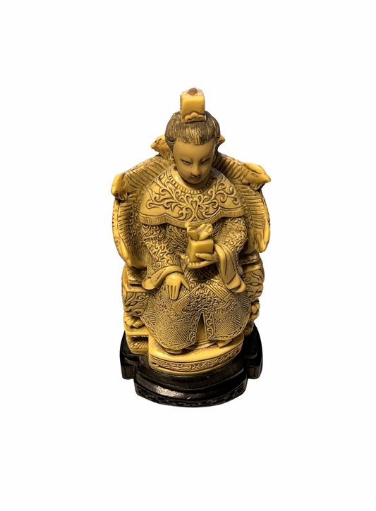 Vintage Chinese Faux Ivory Resin Emperor/Empress Figurine – Hand Carved Look – With Stand