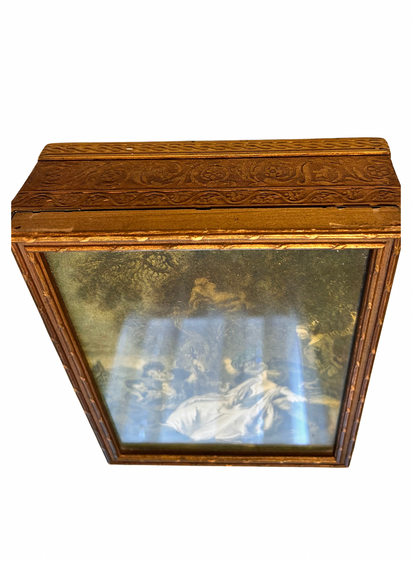 Vintage 1920s–40s Gold Gilt Wooden Jewelry Box w/ Framed Rococo Print & Mirror – Antique Dresser Box