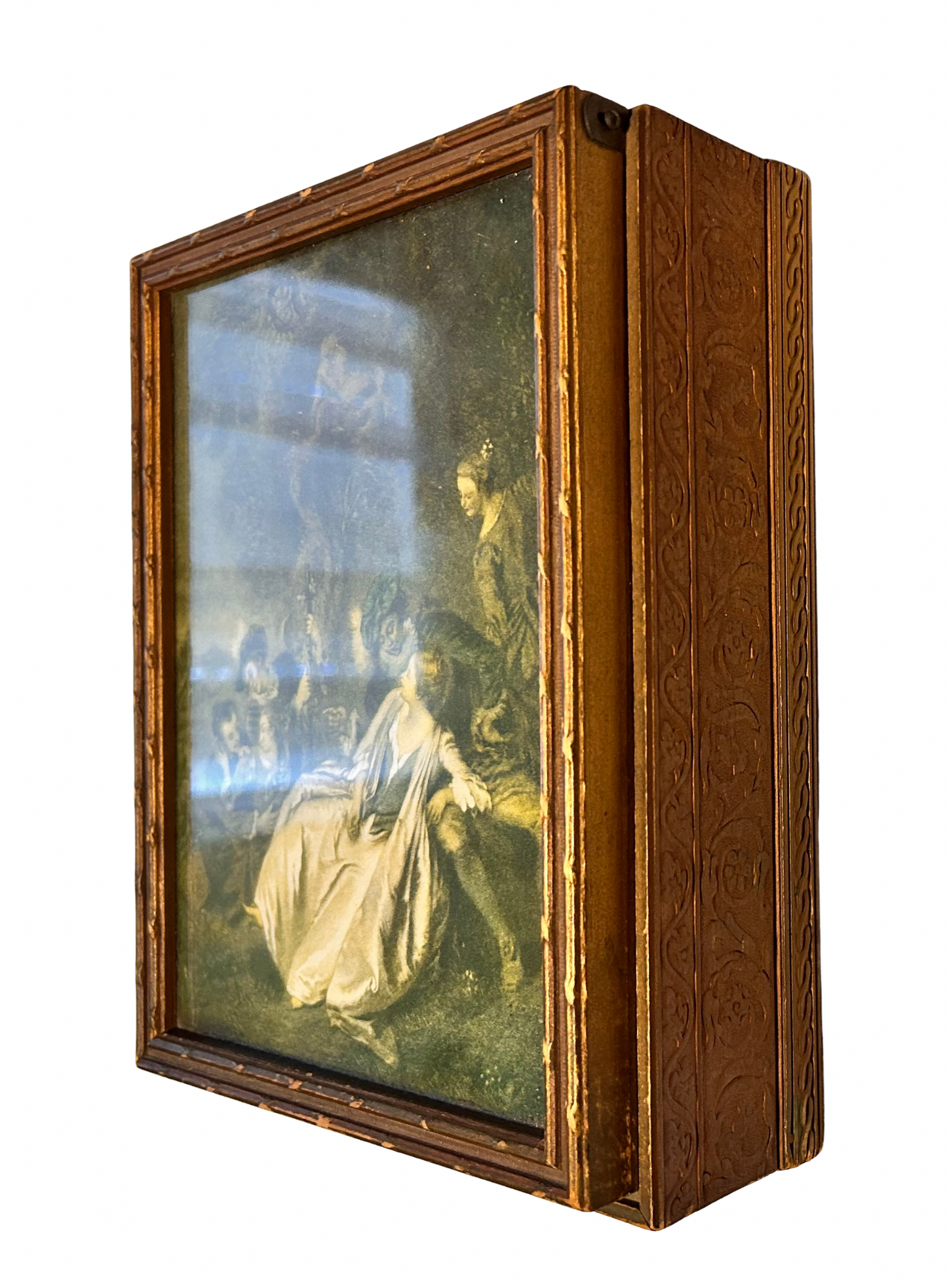 Vintage 1920s–40s Gold Gilt Wooden Jewelry Box w/ Framed Rococo Print & Mirror – Antique Dresser Box