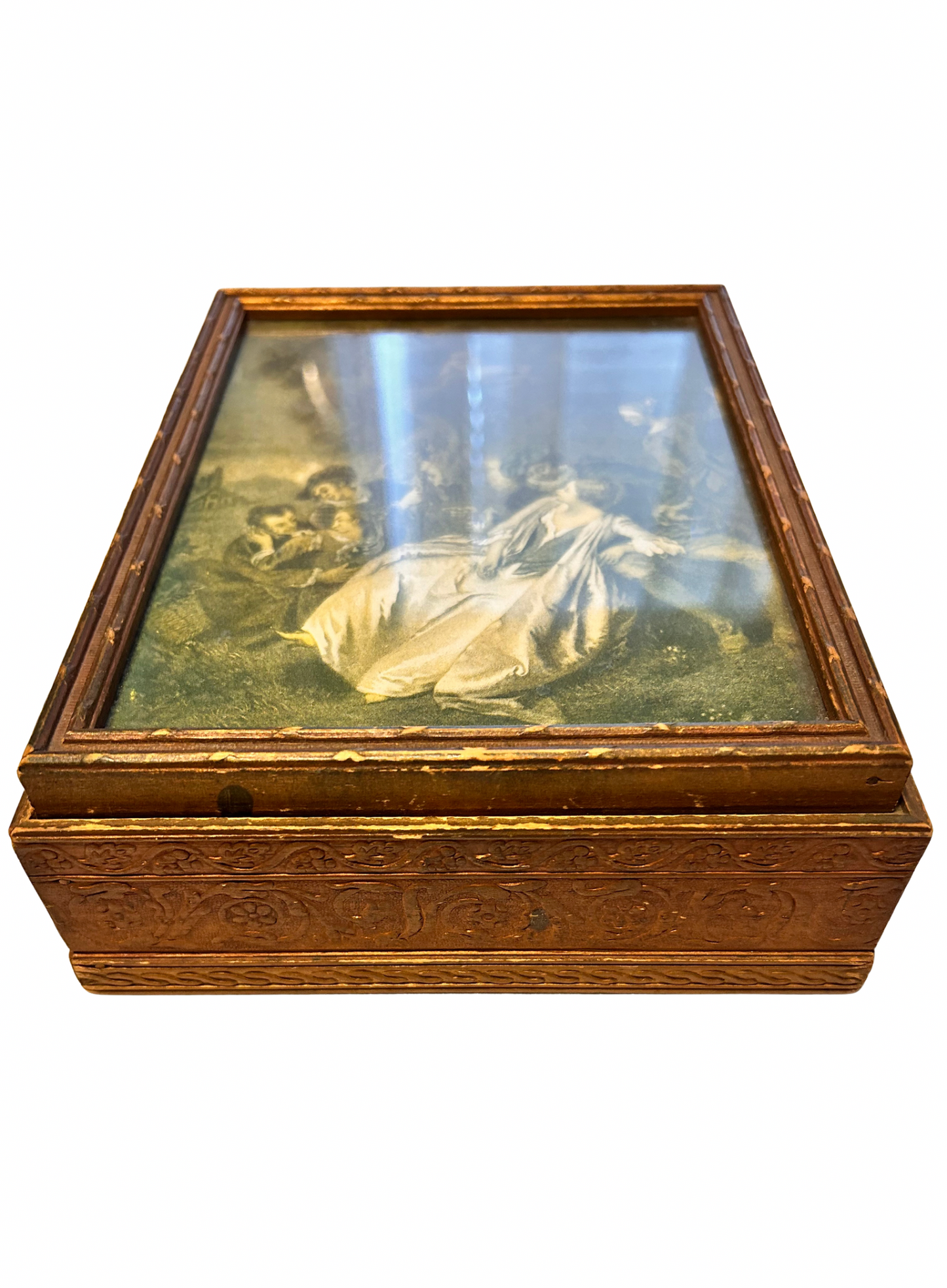 Vintage 1920s–40s Gold Gilt Wooden Jewelry Box w/ Framed Rococo Print & Mirror – Antique Dresser Box