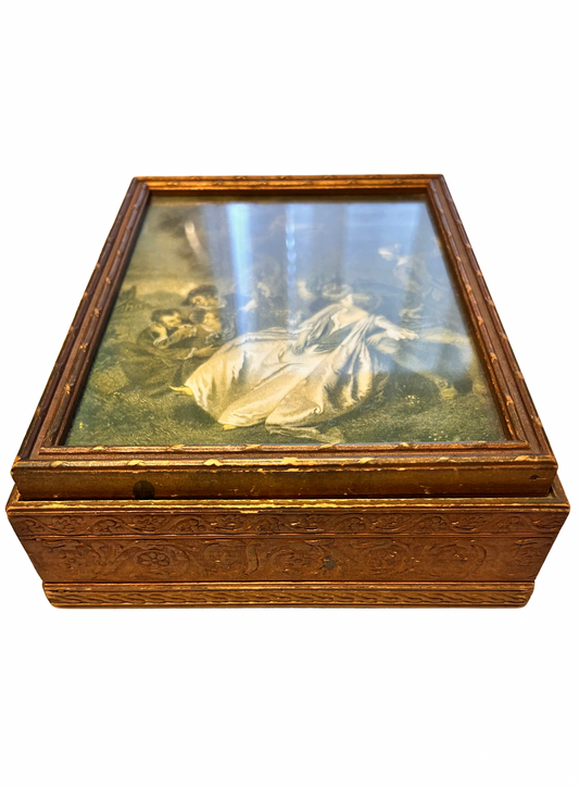Vintage 1920s–40s Gold Gilt Wooden Jewelry Box w/ Framed Rococo Print & Mirror – Antique Dresser Box