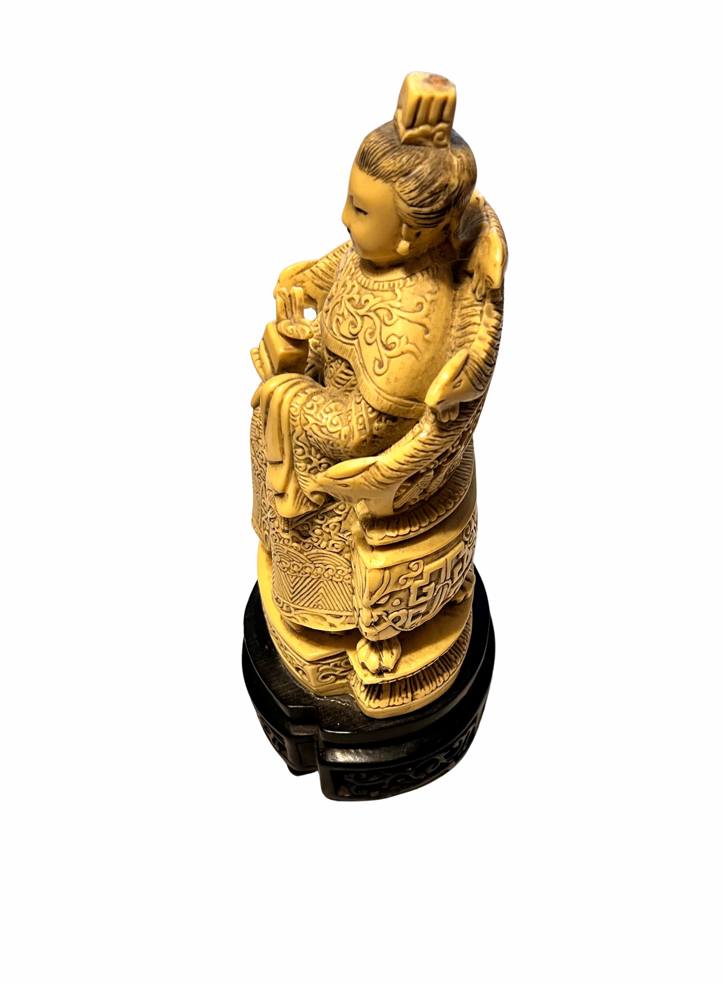 Vintage Chinese Faux Ivory Resin Emperor/Empress Figurine – Hand Carved Look – With Stand