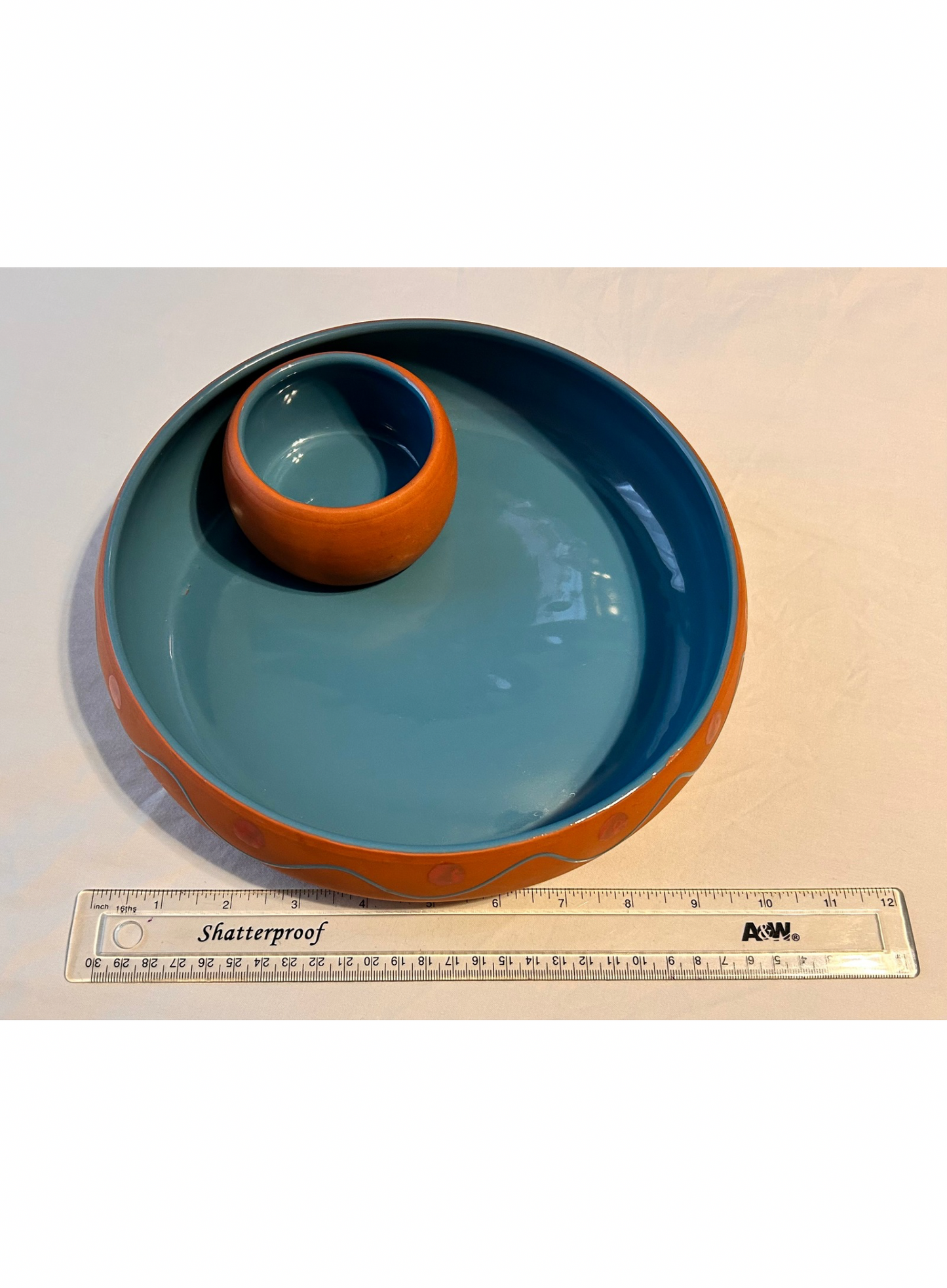 Vintage HUMARK Portugal Ceramic Chip & Dip Bowl – Teal/Orange – 12” Serving Dish