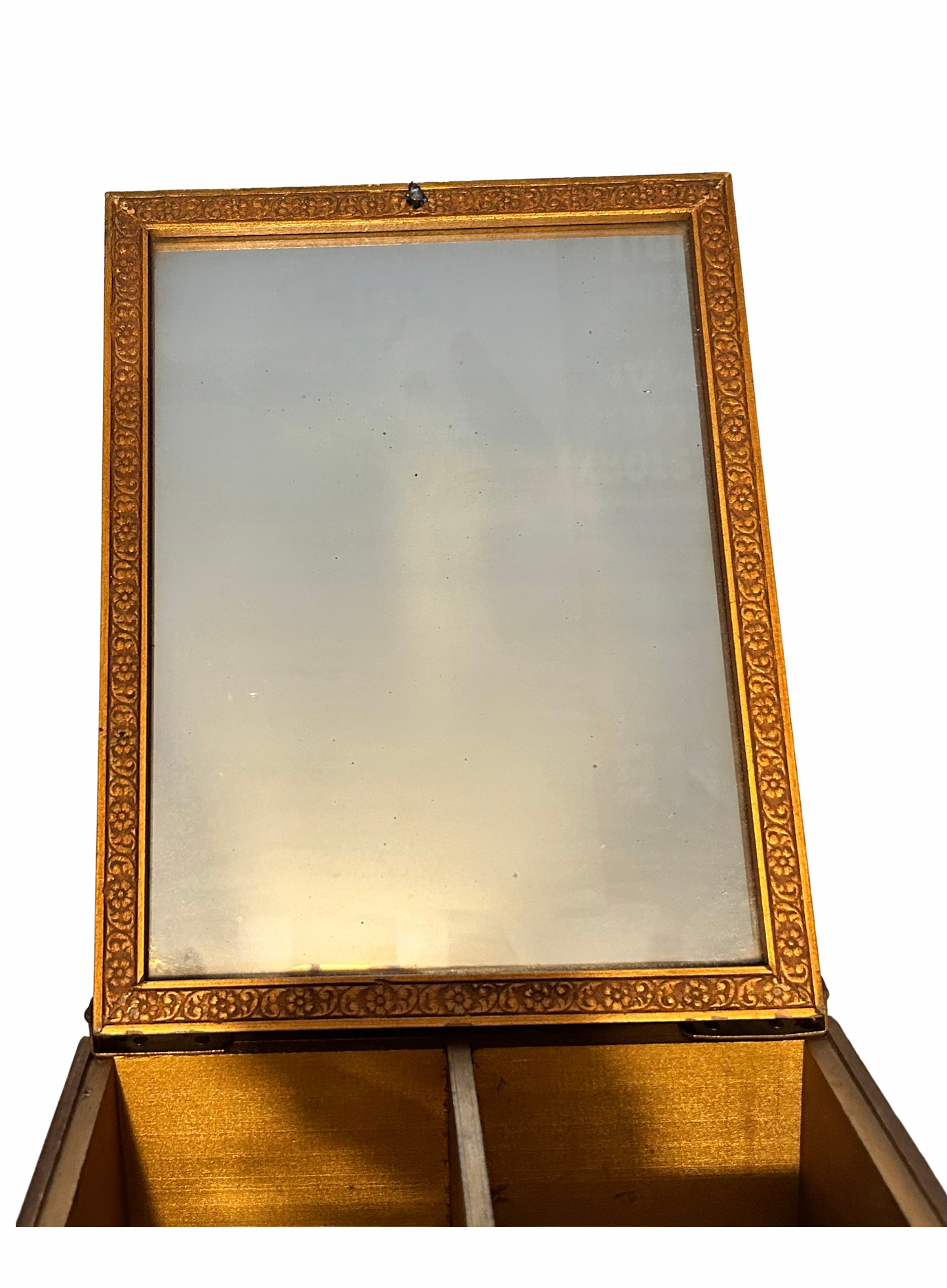 Vintage 1920s–40s Gold Gilt Wooden Jewelry Box w/ Framed Rococo Print & Mirror – Antique Dresser Box