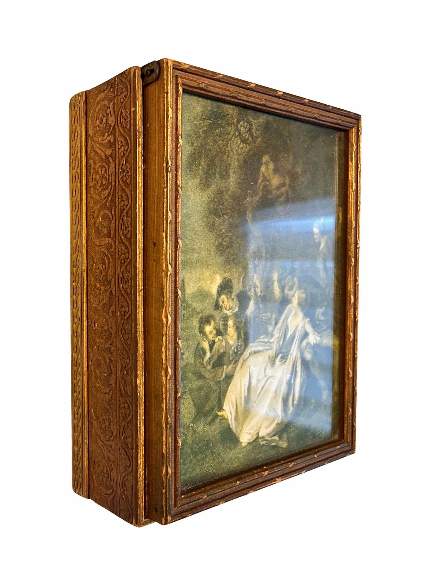 Vintage 1920s–40s Gold Gilt Wooden Jewelry Box w/ Framed Rococo Print & Mirror – Antique Dresser Box