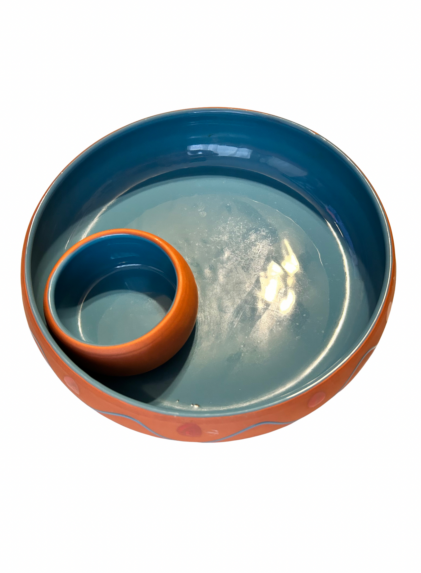 Vintage HUMARK Portugal Ceramic Chip & Dip Bowl – Teal/Orange – 12” Serving Dish