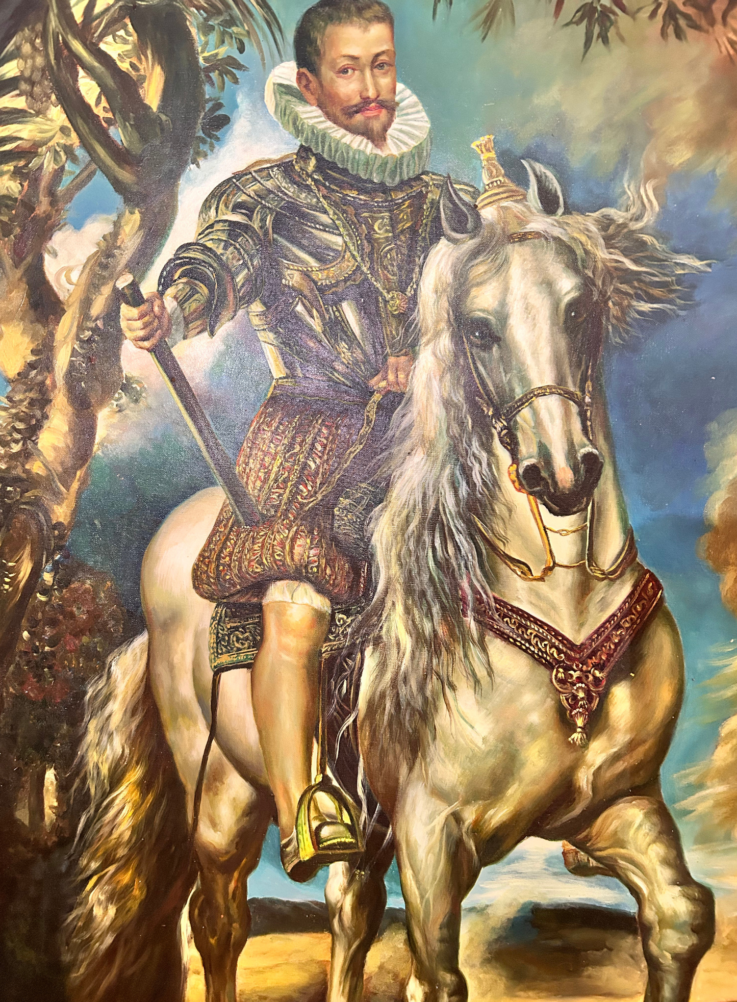 Large Vintage Oil Painting – Equestrian Nobleman After El Greco – Hand Painted Canvas